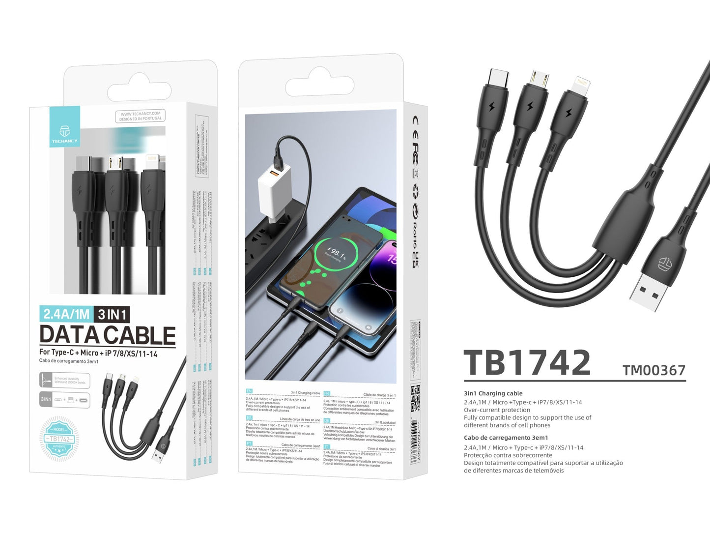 Techancy Cabo 3 em 1 TB1742, 2.4A, 1m Preto, USB-C/Micro/Lightning, CompatIvel com Dispositivos Diversos, Design Resistente by Techancy