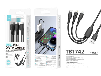 Techancy Cabo 3 em 1 TB1742, 2.4A, 1m Preto, USB-C/Micro/Lightning, CompatIvel com Dispositivos Diversos, Design Resistente by Techancy