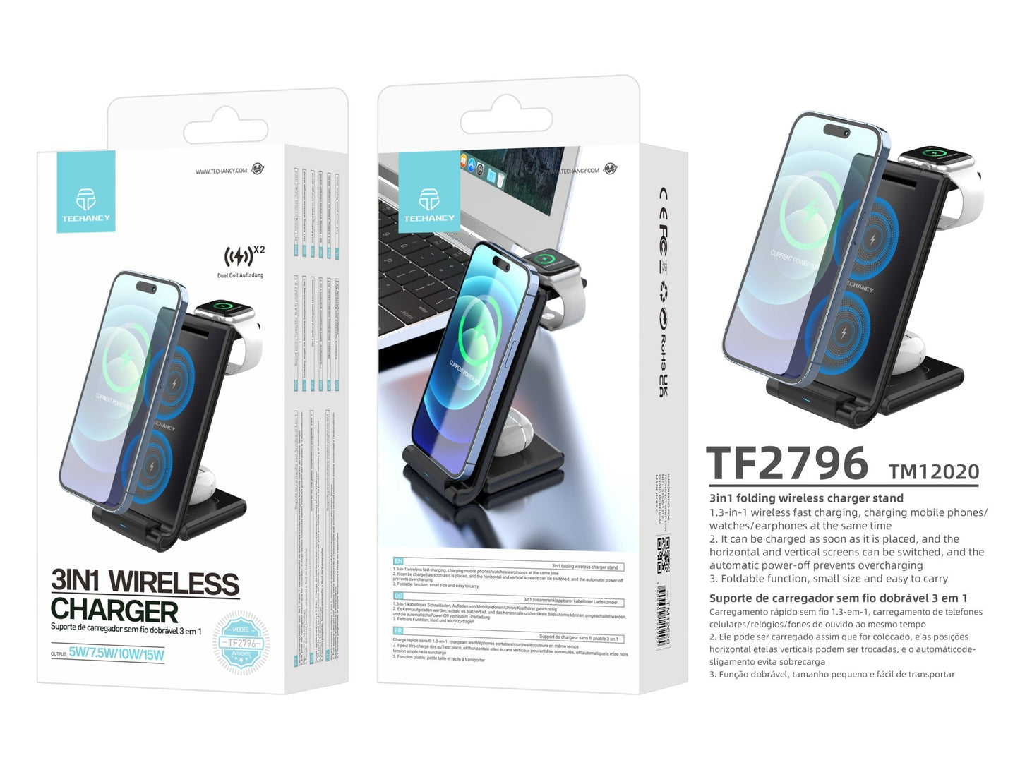 Techancy Carregador Sem Fios 3 Em 1 De 15W TF2796, Compatível Com Telemóveis Com Ecrã Dobrável, Auscultadores E Relógios by Techancy