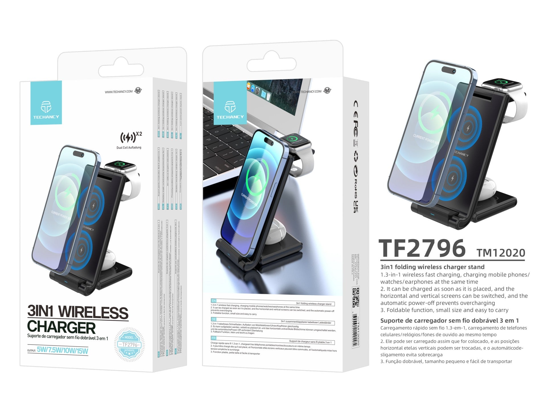 Techancy Carregador Sem Fios 3 Em 1 De 15W TF2796, Compatível Com Telemóveis Com Ecrã Dobrável, Auscultadores E Relógios by Techancy