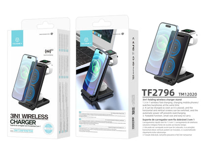 Techancy Carregador Sem Fios 3 Em 1 De 15W TF2796, Compatível Com Telemóveis Com Ecrã Dobrável, Auscultadores E Relógios by Techancy