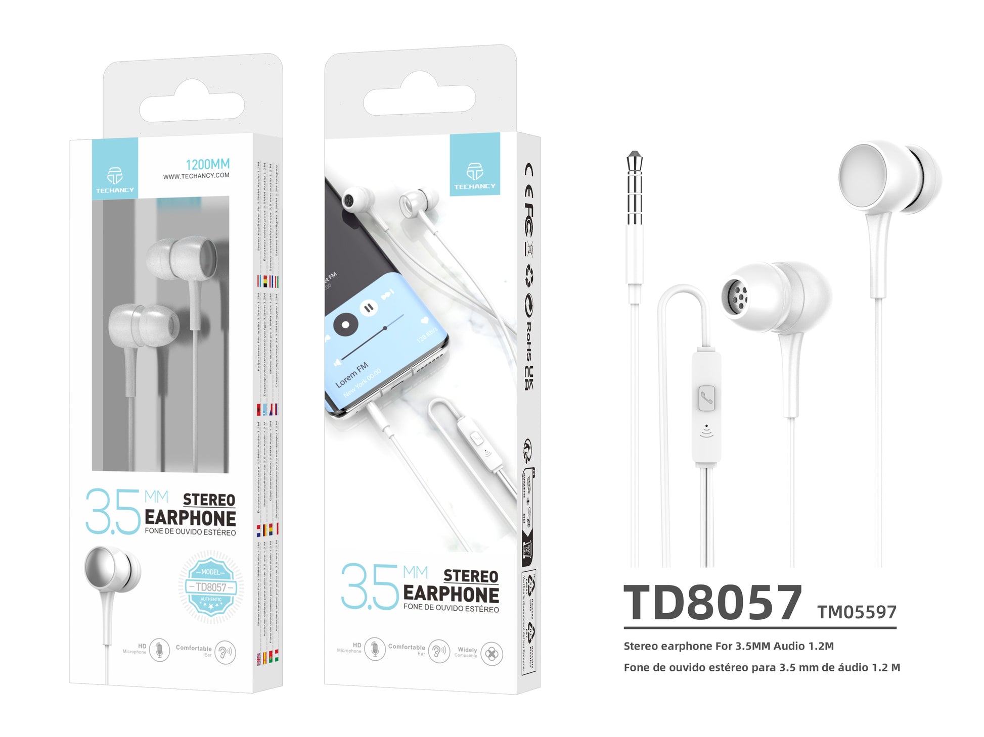 Techancy Auscultadores Intra-Auriculares Com Fios Brancos 1,2 M TD8057, Tomada De 3,5 Mm Compatível Com Telemóveis/Pc/Mp3, Etc. by Techancy