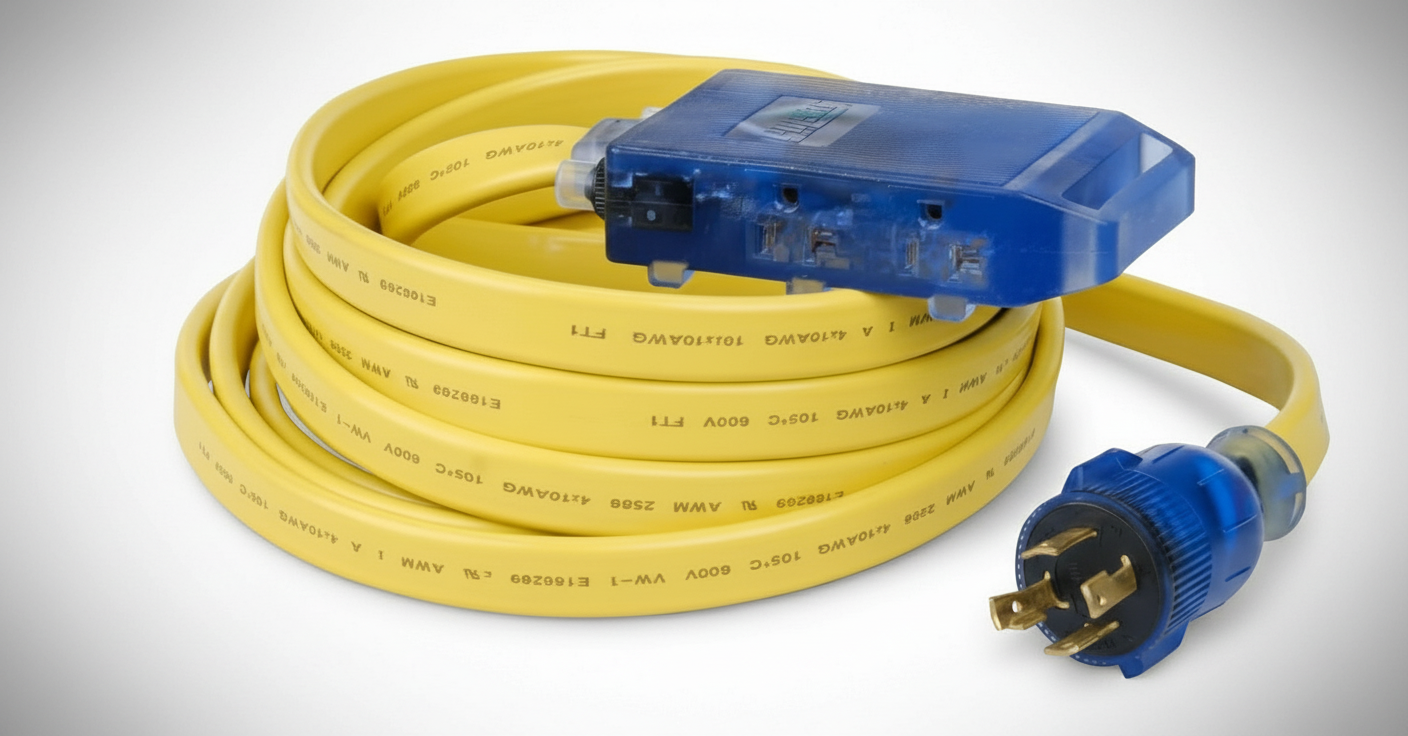 25' L5-30P to 3.5-15R 10 Gauge Flat Extension Cord w/ three 125V Household Outlets by Pulsar